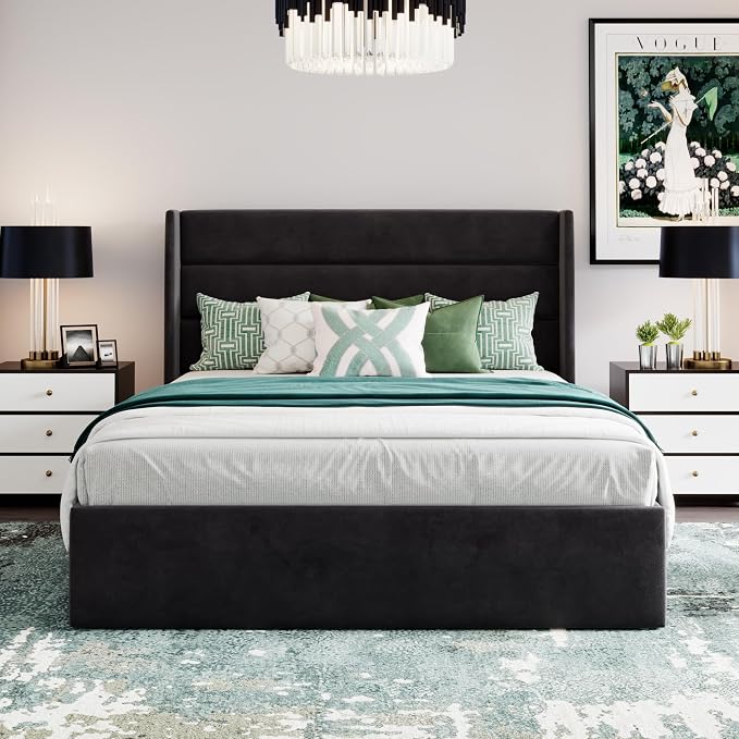 SHA CERLIN Queen Size Lift Up Storage Bed/Velvet Upholstered/Modern Wingback Headboard/Upholstered Platform Bed Frame/Hydraulic Storage/No Box Spring Needed/Black