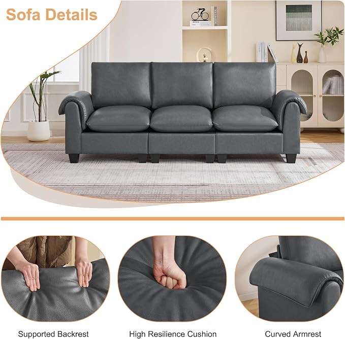96" Faux Leather Modular Sectional Upholstered Sofa, Oversized 3 Seater Couch with Curved Armrests, Cloud Modern Upholstered Deep Seat Sofa for Living Room, Grey