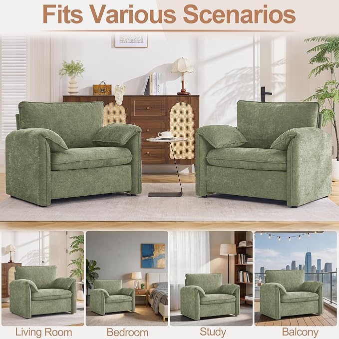 Oversized Accent Chair for Living Room, 41.73" Modern Armchair Set of 2 with Deep Seat, Mid-Century Comfy Reading Chair with Padded Arms, Large Chenille Single Sofa Chairs for Bedroom, Green