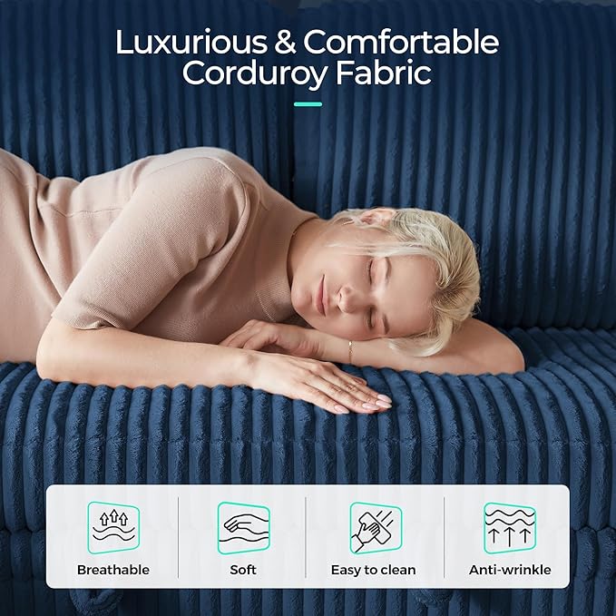 LINSY HOME Pull Out Sofa Bed Sectional Sleeper Sofa with Storage, Plush Corduroy Pullout Modular Sectional Couches for Living Room, L Shaped Convertible Couch Bed for Apartment (Blue)