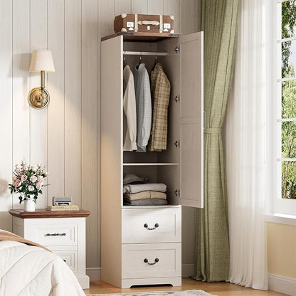Armoire Wardrobe Closet with Reversible Hinge Doors and Adjustable Shelves, 71” Tall Farmhouse Narrow Wardrobe Closet with 2 Drawers and Hanging Rod, Rustic Wooden Armoire Closet for Bedroom, White