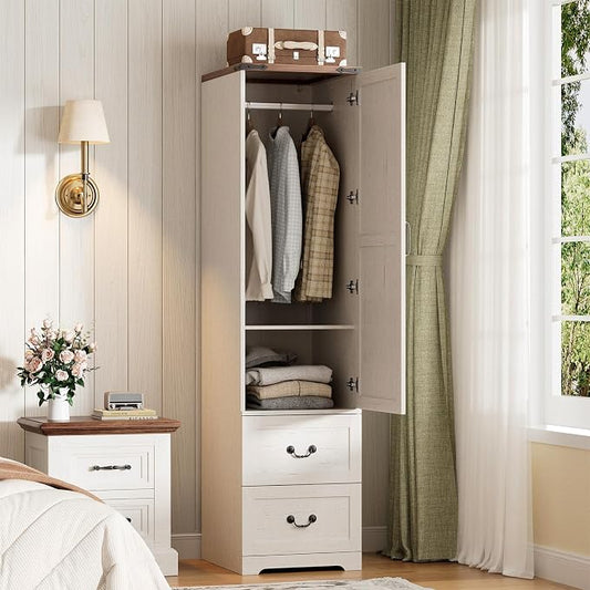 Armoire Wardrobe Closet with Reversible Hinge Doors and Adjustable Shelves, 71” Tall Farmhouse Narrow Wardrobe Closet with 2 Drawers and Hanging Rod, Rustic Wooden Armoire Closet for Bedroom, White