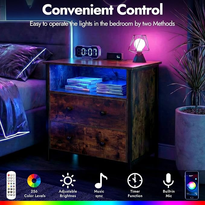 27 Inch LED Nightstand with Charging Station, 2 Drawers, Retro | Solid Wood and Steel Frame, 2 AC Outlets, 2 USB Ports, RGB App Control, Open Storage, Adjustable Feet, for Bedroom or Office