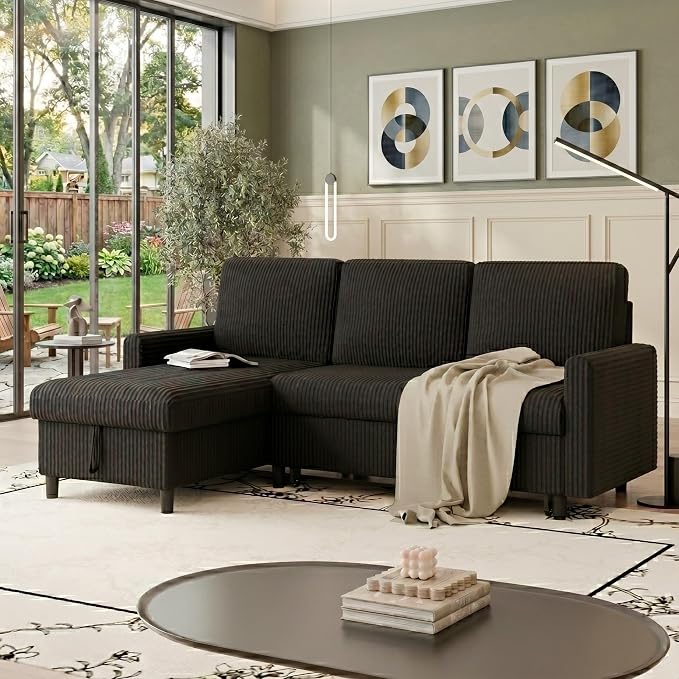 Vongrasig Convertible Sofa Bed with Storage for Small Space, Black Corduroy | Pull Out Couch with Storage , 77" L-Shaped Sleeper Sofa Bed with Storage Chaise Corduroy Fabric for Living Room, Apartment
