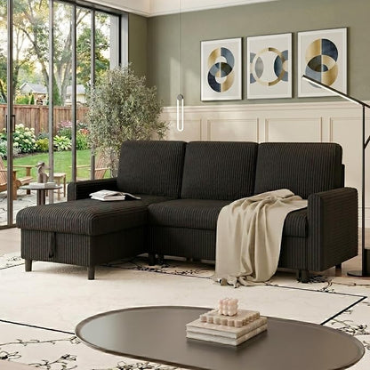 Vongrasig Convertible Sofa Bed with Storage for Small Space, Black Corduroy | Pull Out Couch with Storage , 77" L-Shaped Sleeper Sofa Bed with Storage Chaise Corduroy Fabric for Living Room, Apartment