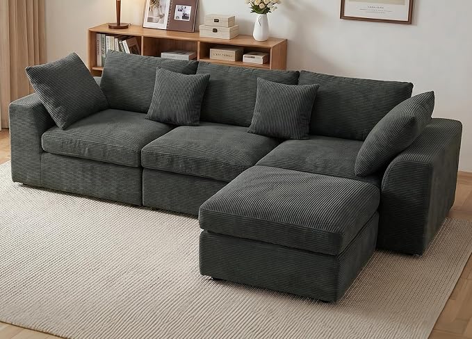 Benazcap 110" Cloud Sectional Couches for Living Room, L-Shaped Convertible Sofa, 3-Seat Modular Boneless Couch with Movable Ottoman, Dark Grey