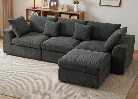 Benazcap 110" Cloud Sectional Couches for Living Room, L-Shaped Convertible Sofa, 3-Seat Modular Boneless Couch with Movable Ottoman, Dark Grey