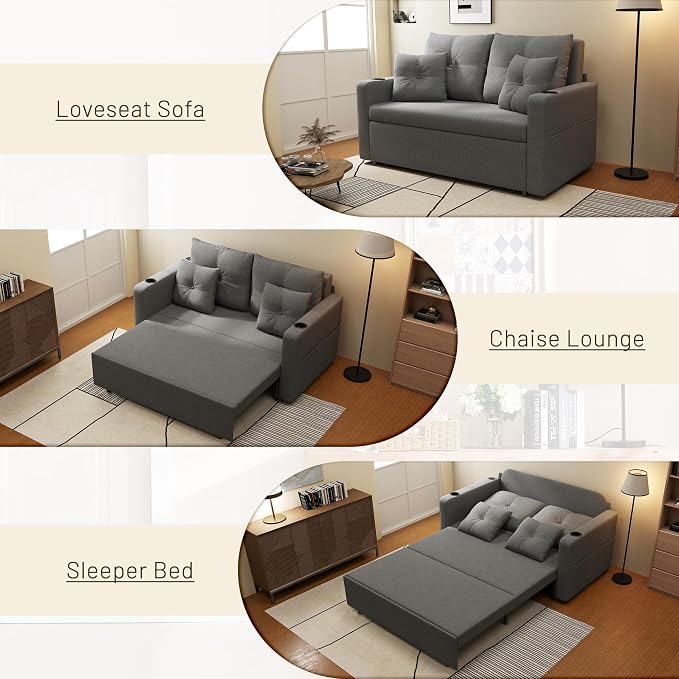 Krcix 3 in 1 Sofa Bed, 56 Inch Convertible Pull Out Couch, Loveseat Sleeper Sofa with Cup Holders, USB, Side Pockets, Multi-Function Sofa Couches for Living Room, Bedroom, Apartment, Light Grey