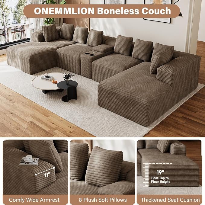 143" Oversized U Shaped Cloud Sectional Couches for Living Room, Comfy Fluffy Corduroy Light Brown Boneless Couch, Large Modular Sectional Sofa Set with Chaise, Cup Holder, USB Port, Storage Console