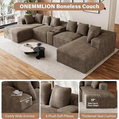 143" Oversized U Shaped Cloud Sectional Couches for Living Room, Comfy Fluffy Corduroy Light Brown Boneless Couch, Large Modular Sectional Sofa Set with Chaise, Cup Holder, USB Port, Storage Console