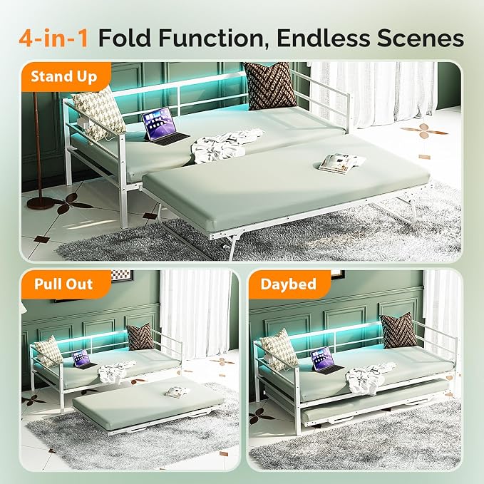 VINGLI Daybed with Trundle Twin, Metal Trundle Bed Frame with Pop Up Trundle Day Bed,Sofa Platform Bed with LED Lights and Charging Station,Pull Out Bed with Sturdy Steel Slats Support, White