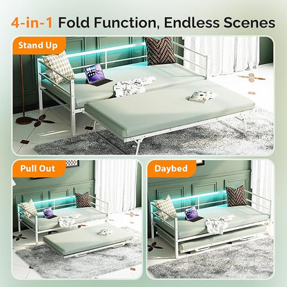 VINGLI Daybed with Trundle Twin, Metal Trundle Bed Frame with Pop Up Trundle Day Bed,Sofa Platform Bed with LED Lights and Charging Station,Pull Out Bed with Sturdy Steel Slats Support, White