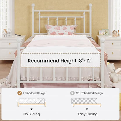 SHA CERLIN 14" Twin Size Metal Platform Bed Frame/Victorian Headboard and Footboard/Steel Slats Mattress Foundation for Storage/No Box Spring Needed/Noise Free/White