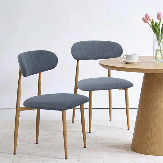 FREKEN Modern Upholstered Dining Chairs Set of 2, Mid-Century Metal Frame with Wood Grain, Linen Fabric Side Chair for Kitchen Dining Room, 350lbs Capacity, Grey