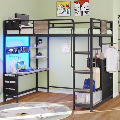Dnxao Twin Loft Bed with Desk, Heavy Duty Twin Bed Frame with Integrated 6 Storage Drawers & DIY Pegboard, Smart LED Lights, Charging Station with Type-C, Space-Saving Workstation for Teens,Oak Gray