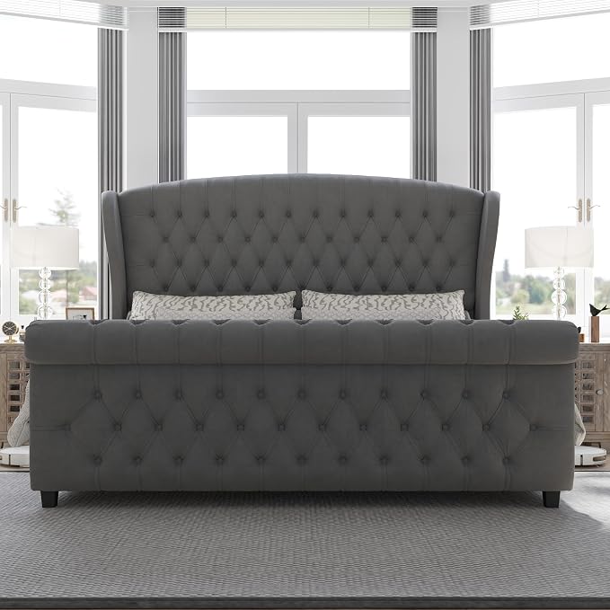 AMERLIFE California King Size Platform Bed Frame, Velvet Upholstered Sleigh Bed with Scroll Wingback Headboard & Footboard/Button Tufted/No Box Spring Required/Grey