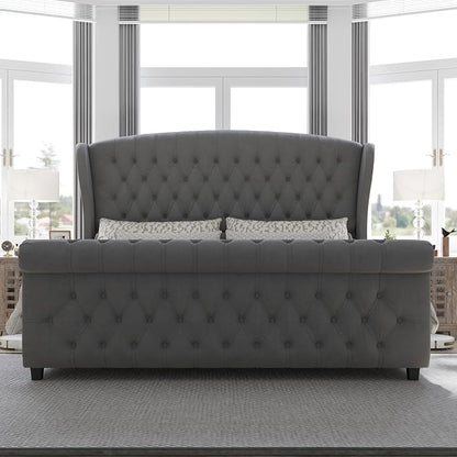 AMERLIFE California King Size Platform Bed Frame, Velvet Upholstered Sleigh Bed with Scroll Wingback Headboard & Footboard/Button Tufted/No Box Spring Required/Grey