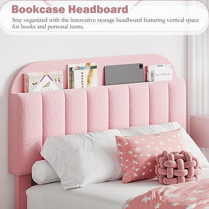 Garvee Full Size Bed Frame with 2 Flexible Drawers, Boucle Upholstered Platform Bed Frame with Bookcase Headboard, Bedframe for Kids/Girls, Easy Assembly, No Box Spring Needed, Noise Free, Pink