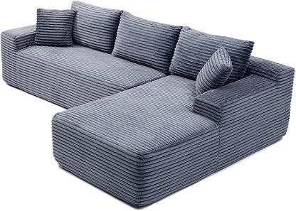 105-Inch L-Shaped Right Facing Corner Compressed Sofa Modular Sectional Boneless Cloud Sofa Floor Foam Couch with Chaise Lounge, Corduroy Corner Boneless Cloud Couch