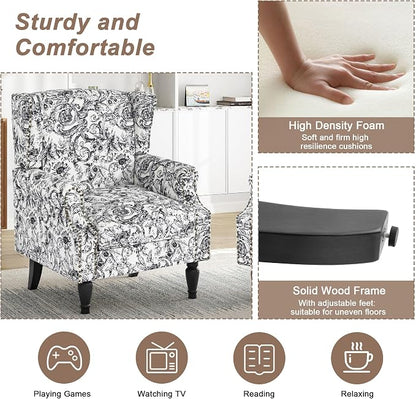 Pia Ricco Set of 2 Floral Accent Chairs, High Back Upholstered Armchairs with Retro Wingback Design, Nailhead Trim & Solid Wood Legs for Living Room Bedroom Home Office(Rococo Black)