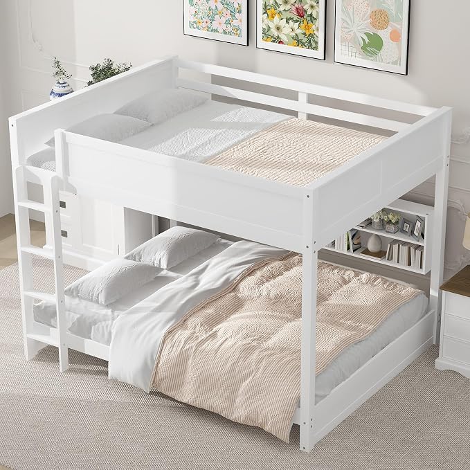 Wood Bunk Bed Queen Over Queen Size with Built-in Storage Cabinets and USB Ports, Versatile Bunk Bed Frame with Ladder and Guardrail for Kids Teens Adult, Maximize Space (White-9.30)