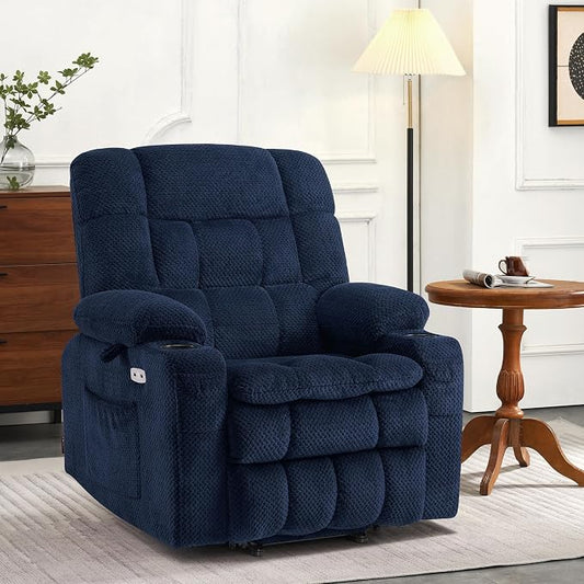 MCombo Small Dual Motor Power Lift Recliner Chair for Petite Elderly, Zero Gravity Lift Chair with Heat and Massage, Infinite Position Lay Flat Recliner, USB Ports, Fabric 7893 (Small, Navy Blue)