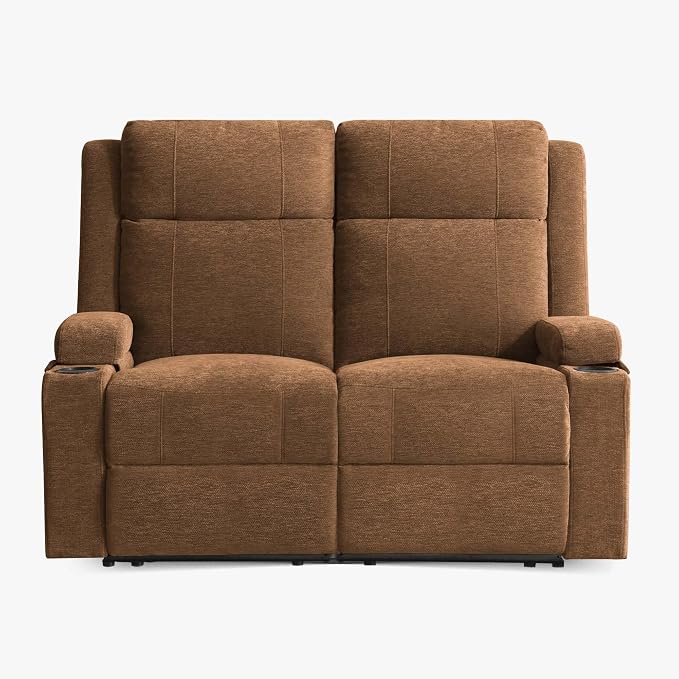 GUEAPY 55" Loveseat Reclining Sofa with Cup Holders – Manual Double Reclining Sofa for Aprtment & Small Spaces, Chenille Fabric Reclinig Couch with Wide Armrests & Side Storage for Livingroom Brown
