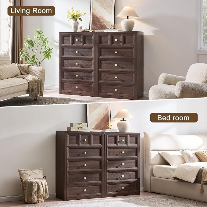 3-Piece Bedroom Set, 5 Drawer Tall Dresser and 3 Drawer King Size Nightstands Set of 2 with Charging Station, 3 Piece Farmhouse Wood Bedroom Dresser and Nightstand Sets, Brown