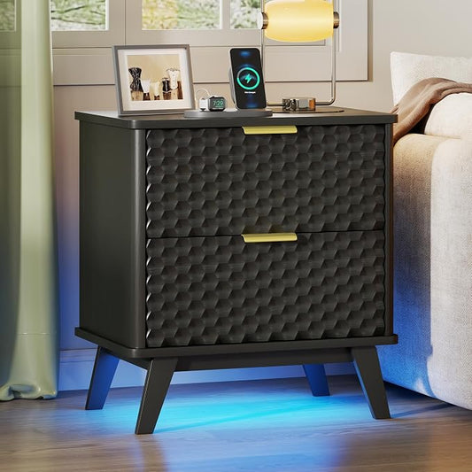LVSOMT Smart Nightstand with Charging Station and LED Lights, 23.62" Wide Night Stand with 2 Drawers, Motion Sensor Motion-Activated Underlight, Honeycomb Bedside Table for Bedroom, Black