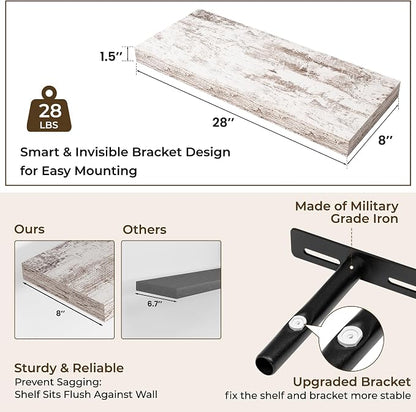 RICHFOCUS 28Inch Floating Shelves for Wall 2 Pack Shelves for Bedroom|Kitchen|Bathroom|Laundry Room Rustic Wood Wall Mounted Shelf with Invisible Brackets for Books|Storage|Decor, Rustic White