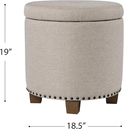 HomePop 18.5" Round Storage Ottoman with Nailheads - Light Brown Fabric