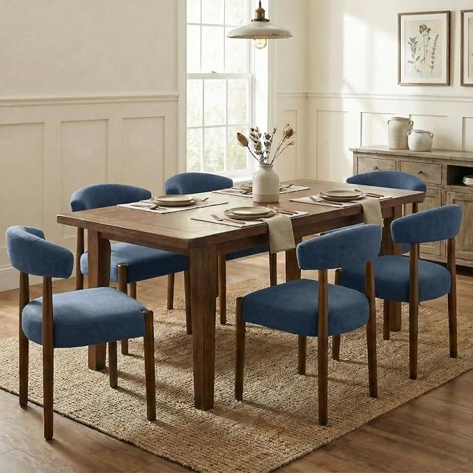 VKNOW Wooden Dining Chairs Set of 4, Modern Upholstered Dining Room Chairs with Walnut Wood Legs and Curved Backrest, Fabric Kitchen Chairs for Farmhouse/Dining Room, Blue