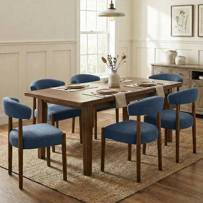VKNOW Wooden Dining Chairs Set of 4, Modern Upholstered Dining Room Chairs with Walnut Wood Legs and Curved Backrest, Fabric Kitchen Chairs for Farmhouse/Dining Room, Blue