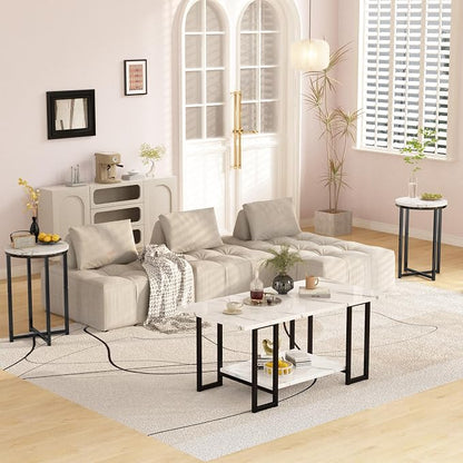 Lamerge 3 Pieces Living Room Table Set, Faux Marble Coffee Table with 2 Round End Side Tables, Coffee Table Set with Metal Frame for Apartment Home Office, White Black