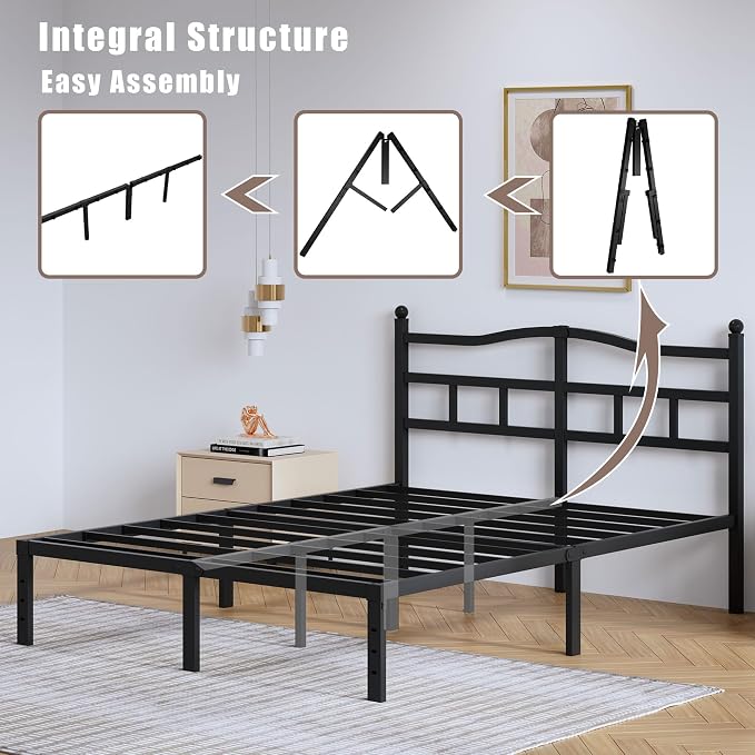 SHOANED 14 Inch Metal Bed Frame - Queen Size Heavy Duty Bedframe with Headboard Black Basic Steel Slats Platform No Box Spring Needed/Easy Assembly/Noise Free
