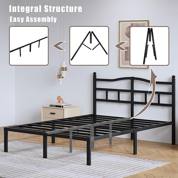 SHOANED Metal Bed Frame with Headboard - 14 Inch King Size Heavy Duty Bedframe Black Basic Steel Slats Platform No Box Spring Needed/Easy Assembly/Noise Free