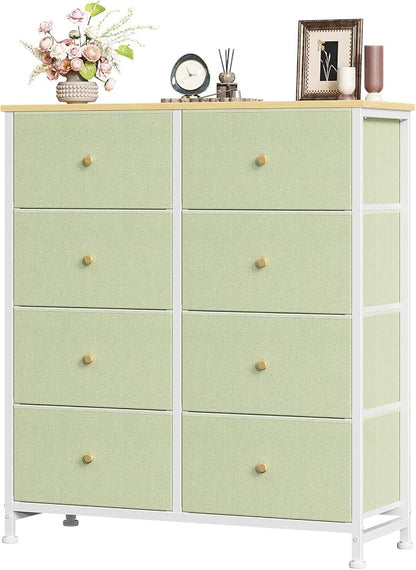 Sweetcrispy 8 Drawer Dresser for Bedroom Tall, Organizer Storage Drawers | Fabric Storage Tower, Chest of Drawers with Steel Frame, Wood Top for Living Room, Closet, Light Green