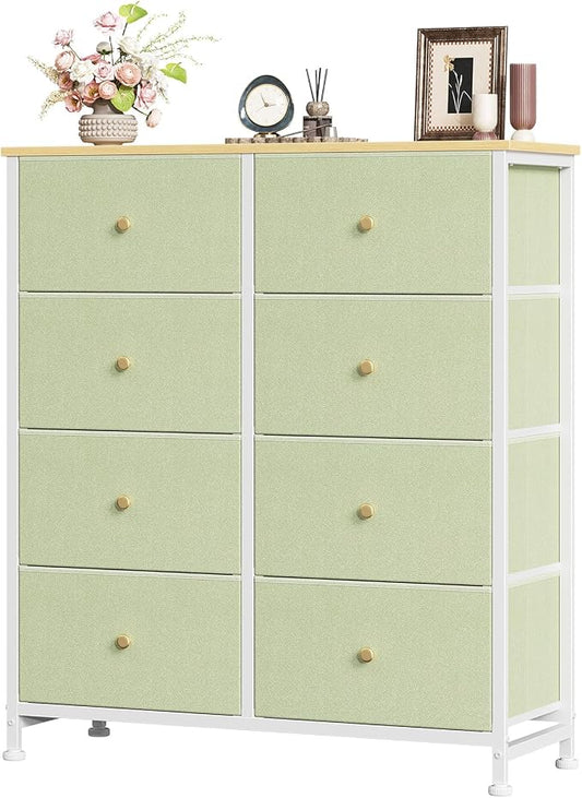Sweetcrispy 8 Drawer Dresser for Bedroom Tall, Organizer Storage Drawers | Fabric Storage Tower, Chest of Drawers with Steel Frame, Wood Top for Living Room, Closet, Light Green