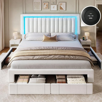YITAHOME Queen Size Bed Frame with Adjustable Headboard, 4 Storage Drawers and RGB LED Lights, Velvet Upholstered Platform Bed with USB Ports, No Box Spring Needed, Fast Assembly, Noise-Free, White