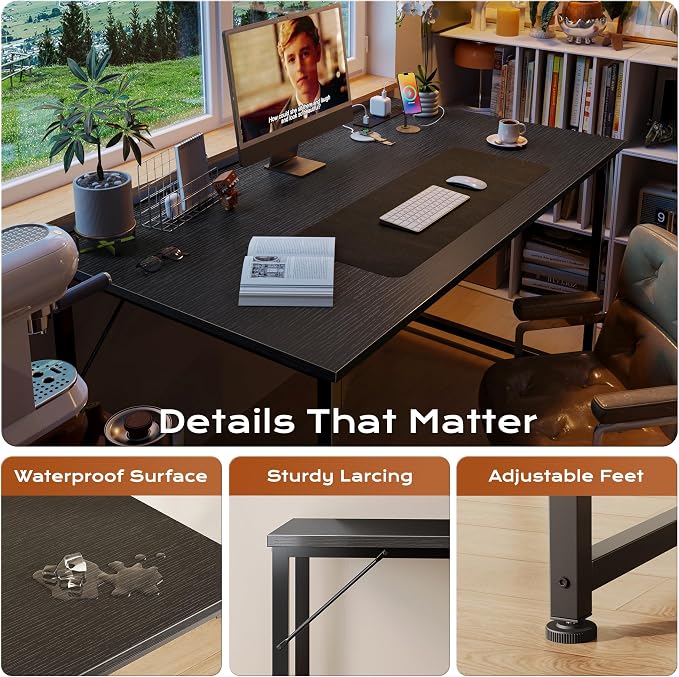 PRAISUN 47 X 24 Inch Deeper Desk with Power Outlets | Computer Desk for Bedroom, Office Desk for Work from Home, Writing Study Gaming Table, Stable Metal Frame, Black