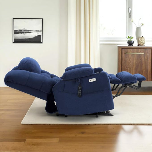 MCombo Big Man Power Lay Flat Lift Chair, Triple Motor Power Lift Recliner with Massage & Dual Heating, Adjustable Headrest, Fabric R7635 (Navy Blue, Large-Wide)
