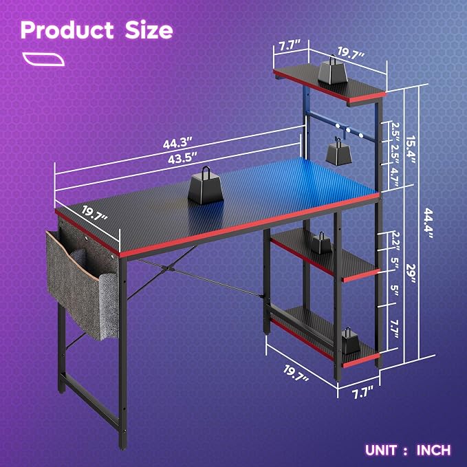 Bestier Gaming Desk with LED Lights, 44 Inch PC Gamer Desk for Small Spaces, Computer Desk with Reversible Storage Shelves & Side Storage Bag (Black 3D Carbon Fiber)
