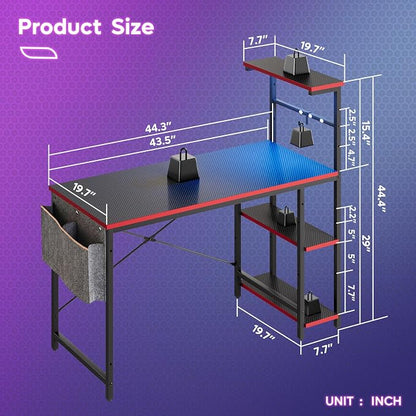 Bestier Gaming Desk with LED Lights, 44 Inch PC Gamer Desk for Small Spaces, Computer Desk with Reversible Storage Shelves & Side Storage Bag (Black 3D Carbon Fiber)
