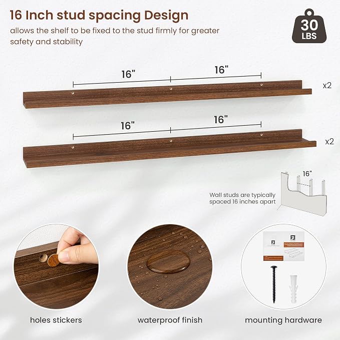 Axeman Picture Ledge Shelf | 48 Inch Walnut Floating Shelves Set of 4 | Rustic Wood Wall Shelves with Lip | 48" Walnut Picture Shelves for Wall with Ledge | Photo Shelves