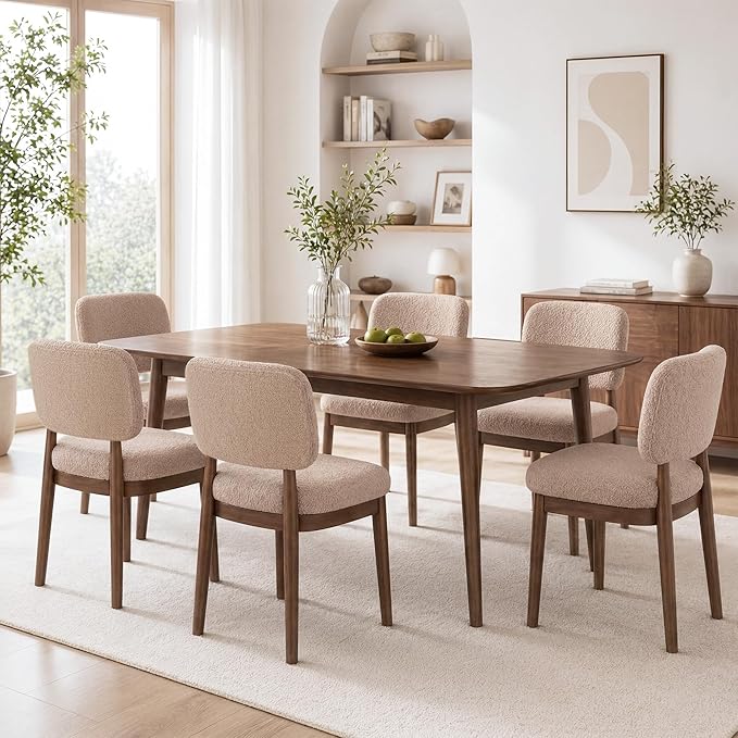 Wooden Dining Chairs Set of 6, Boucle Upholstered Kitchen Chairs with Solid Wood Legs, Mid Century Modern Dining Chairs, Farmhouse Side Chair with Hardwood Frame for Dining Room, Khaki