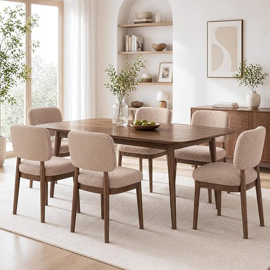 Wooden Dining Chairs Set of 6, Boucle Upholstered Kitchen Chairs with Solid Wood Legs, Mid Century Modern Dining Chairs, Farmhouse Side Chair with Hardwood Frame for Dining Room, Khaki