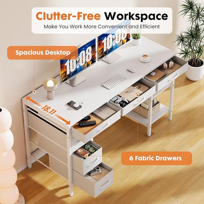 Sweetcrispy 55" Computer Desk with 6 Drawers, Home Office Gaming Desks with Storage Shelves for Bedroom, Writing Study Corner Living Room Work Table White