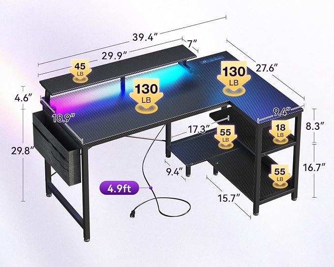 ODK 40 Inch Gaming Desk with USB Power Outlets and LED Lights, Reversible L Shaped Computer Desk with Storage Shelves & Monitor Stand, Corner Home Office Desk Table, Carbon Fiber Surface, Black