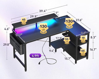 ODK 40 Inch Gaming Desk with USB Power Outlets and LED Lights, Reversible L Shaped Computer Desk with Storage Shelves & Monitor Stand, Corner Home Office Desk Table, Carbon Fiber Surface, Black