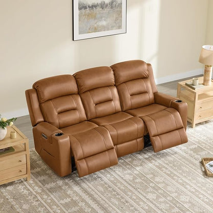 Watson & Whitely Genuine Leather Power Reclining Sofa, 3-Seater Lay Flat Recliner Sofa with Power Headrest, Cup Holders, USB & Type-C Ports, Electric Reclining Couch for Living Room, Saddle Brown